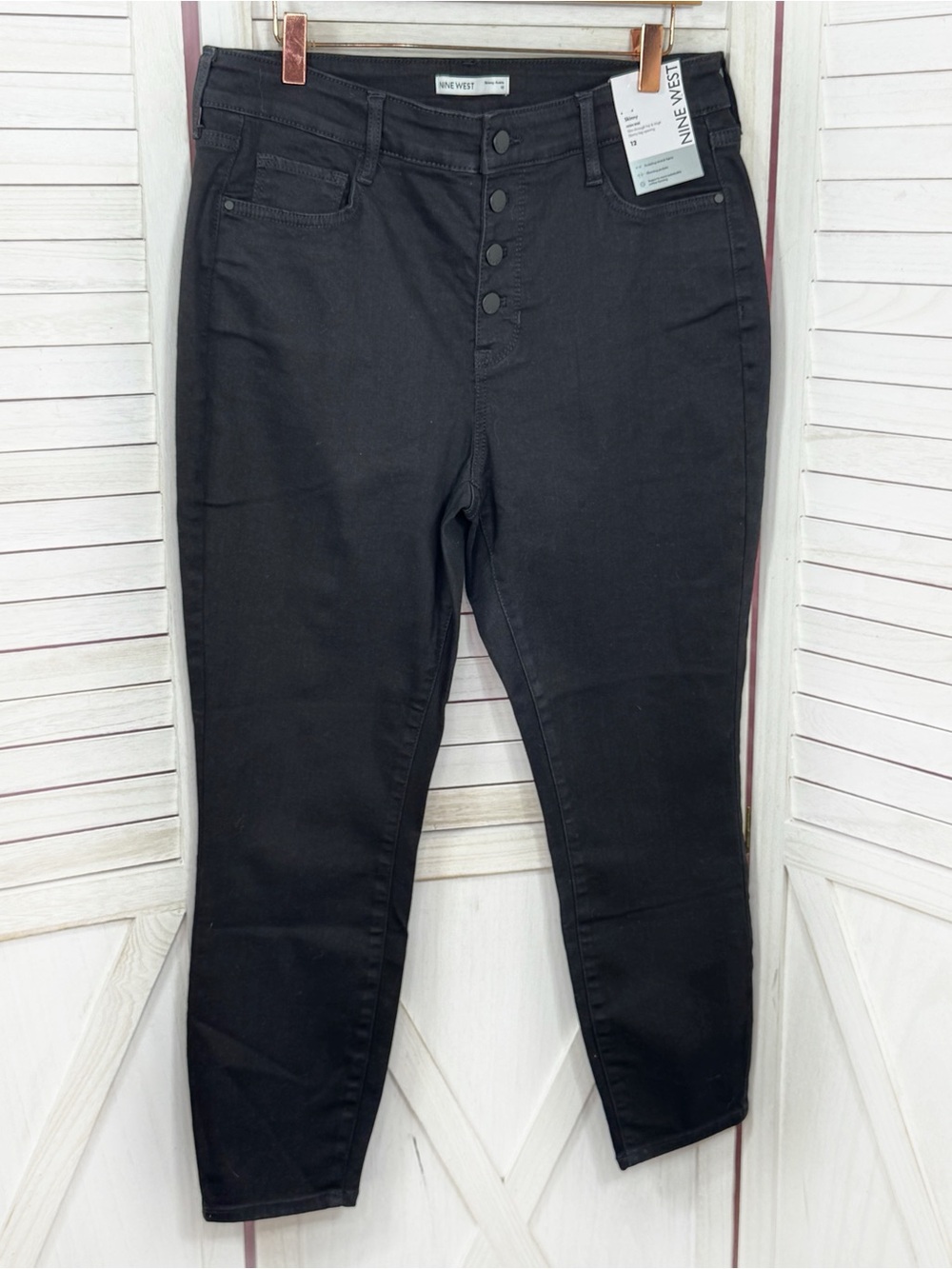 Nine West High Rise Button Fly Skinny Ankle Jeans Black Size 12 Gothic Stretch